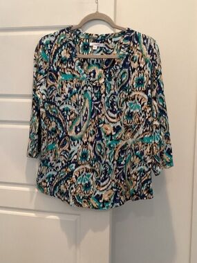 Chico's Teal Navy and Cream Paisley V-Neck 3/4 Sleeve Top